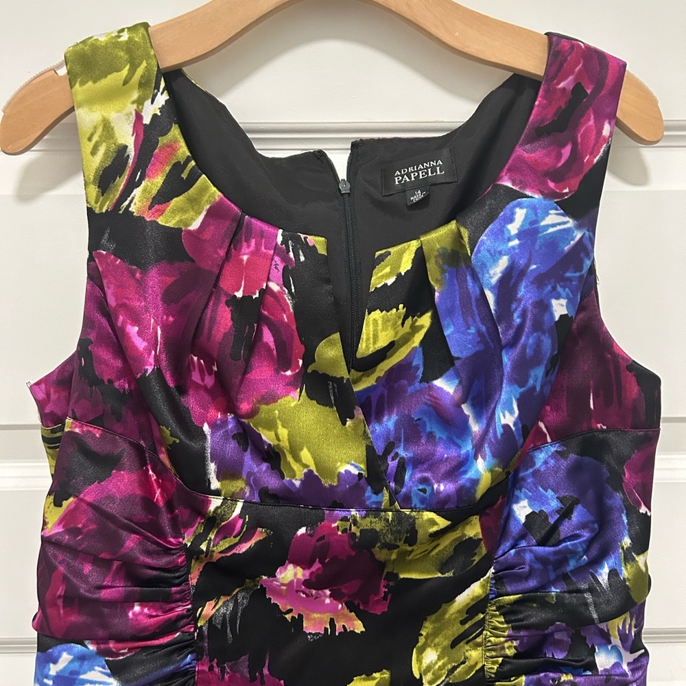 Adrianna Papell Black Floral Midi Dress with Purple, Blue & Olive - Picture 3 of 9